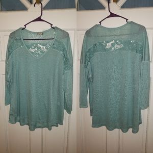 3/4 Length Sleeve Sheer Top with Lace Panel Detail